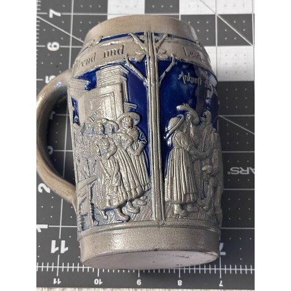 German Stoneware Blue Gray Stein Mug Handle Raised Designs Celebrate - Picture 7 of 7